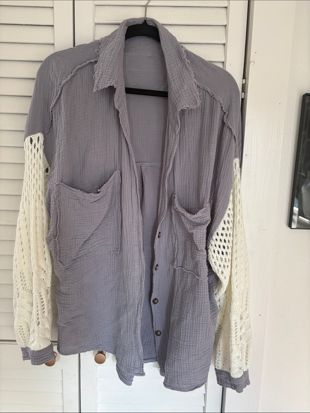 POL Lavender Gray Button-Down Top with Cream Crochet Sleeves